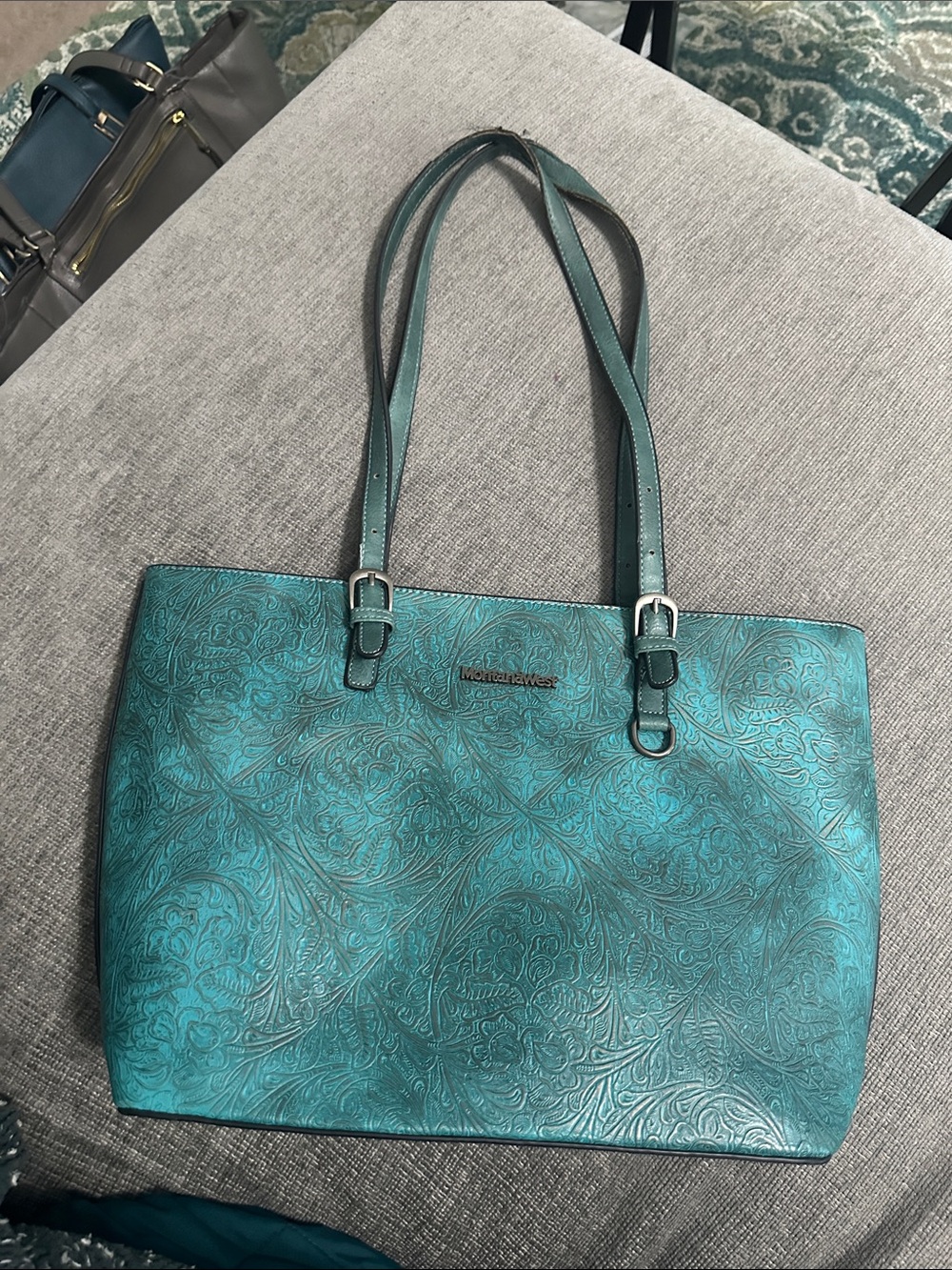 Montana West Teal Embossed Tote with Dual Straps